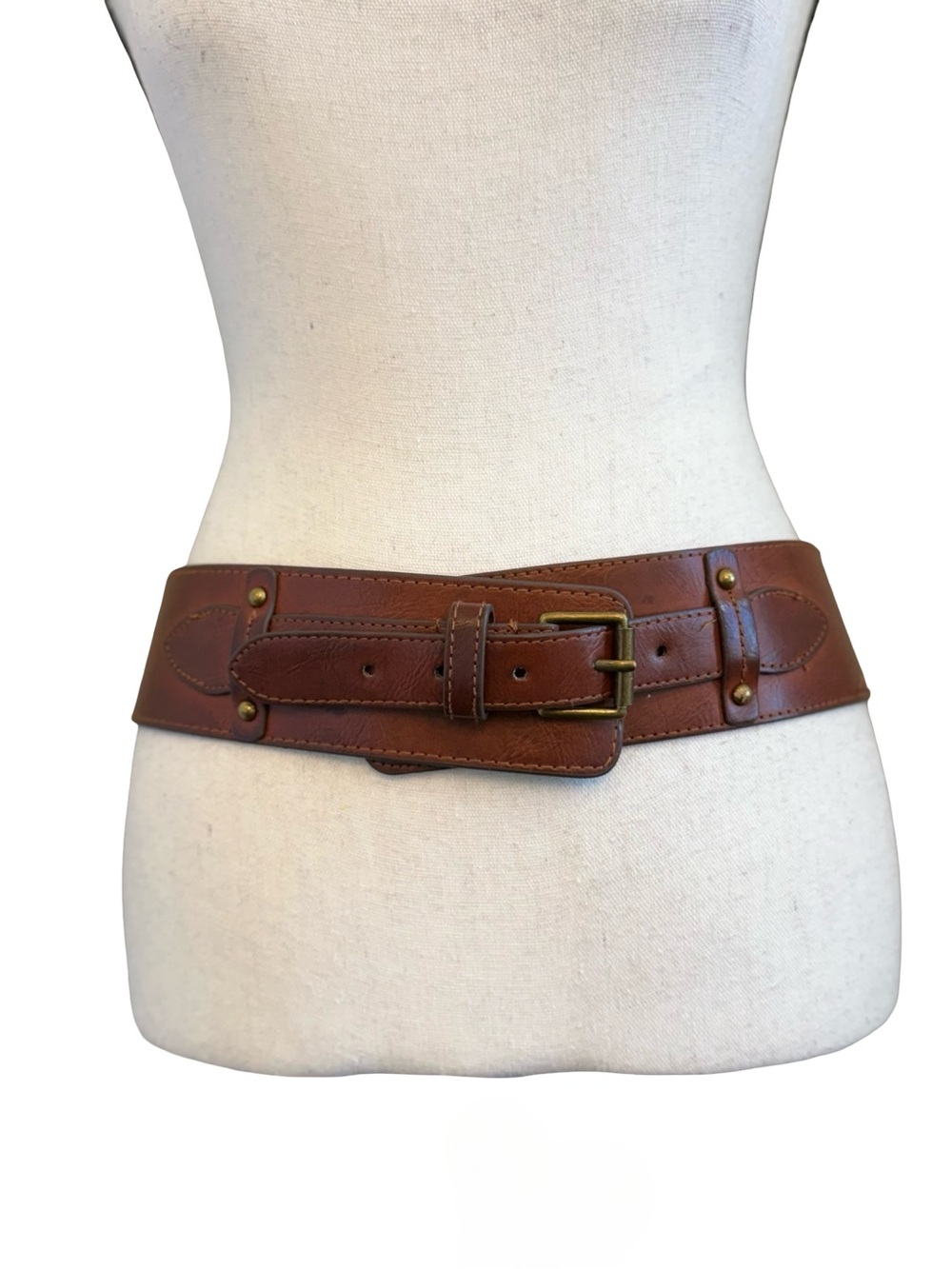 Wide Brown Faux Leather Stretch Waist Belt Brass Buckle Boho Western S/M